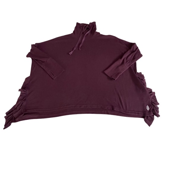 Free People Ribbed Turtleneck Poncho‎ Sweater Burgundy Ruffle Detail Oversized - Picture 2 of 7
